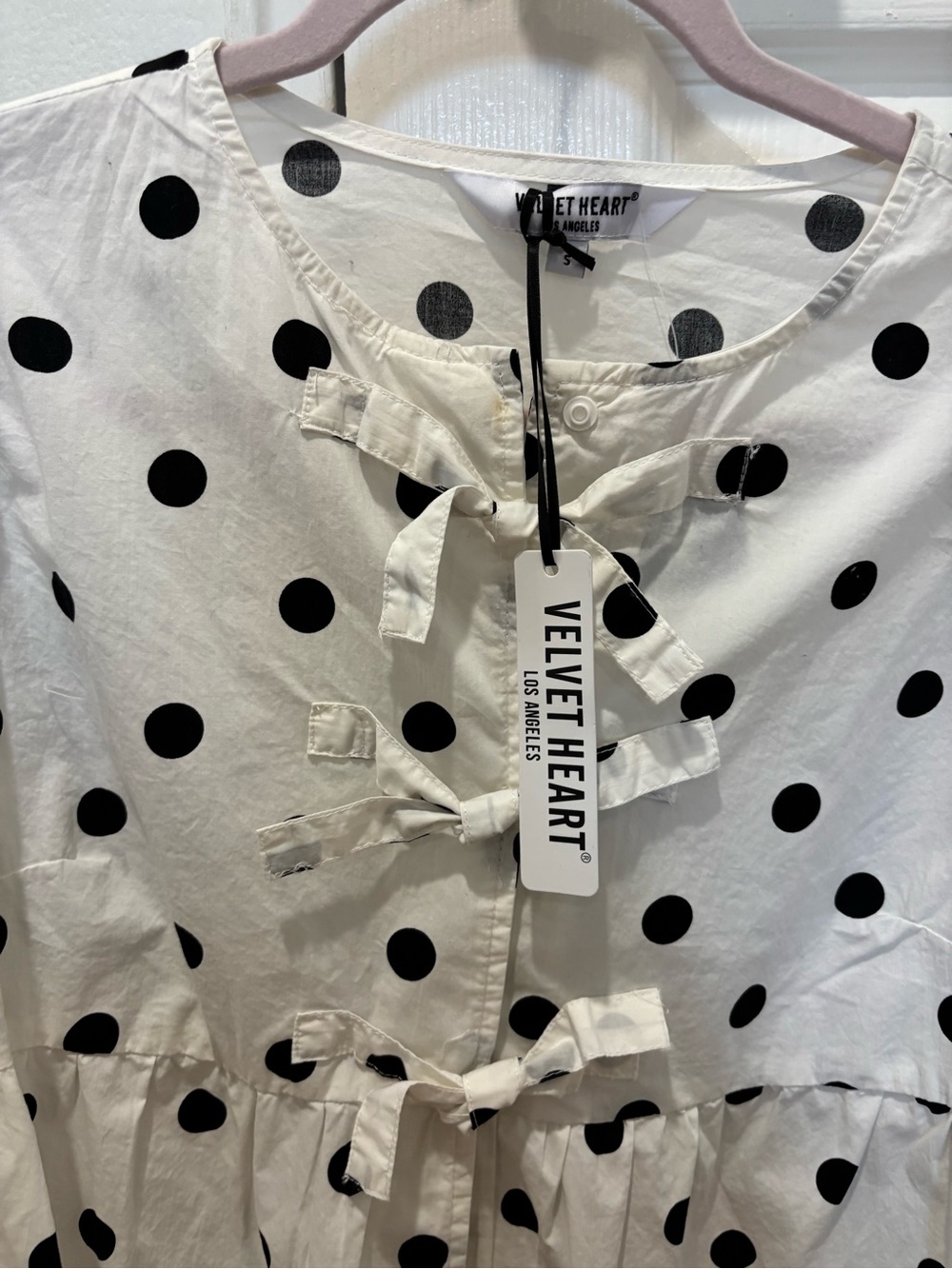 Velvet Heart White and Black Polka Dot Tie-Front Peplum Top - Picture 3 of 6